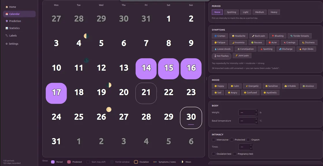 Luna Cycle calendar for a month, with period days marked and panels for logging symptoms, mood, body signals and intimacy