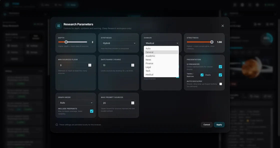 TITAN research parameters: depth, synthesis mode, domain selection including legal and medical, strictness, a minimum-sources floor and a date range